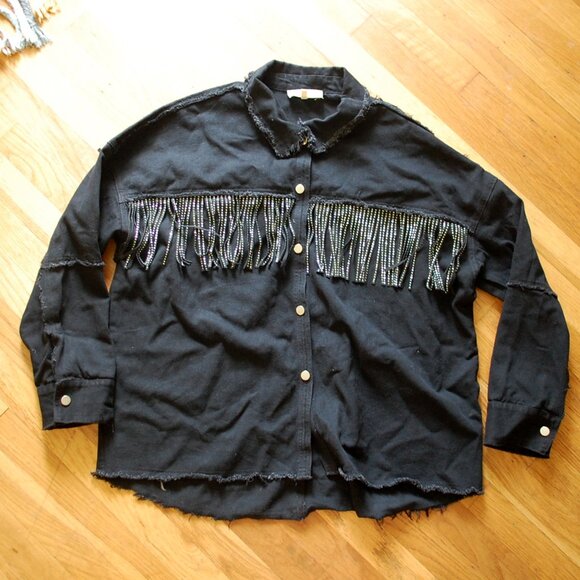Peach Love California Oversized Black Fringe Bling Shacket - Picture 1 of 5